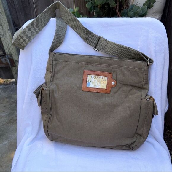 Vintage Fossil Voyages Crossbody Bag Ripstop Khaki Green Canvas Map Liner Y2K - Picture 2 of 13